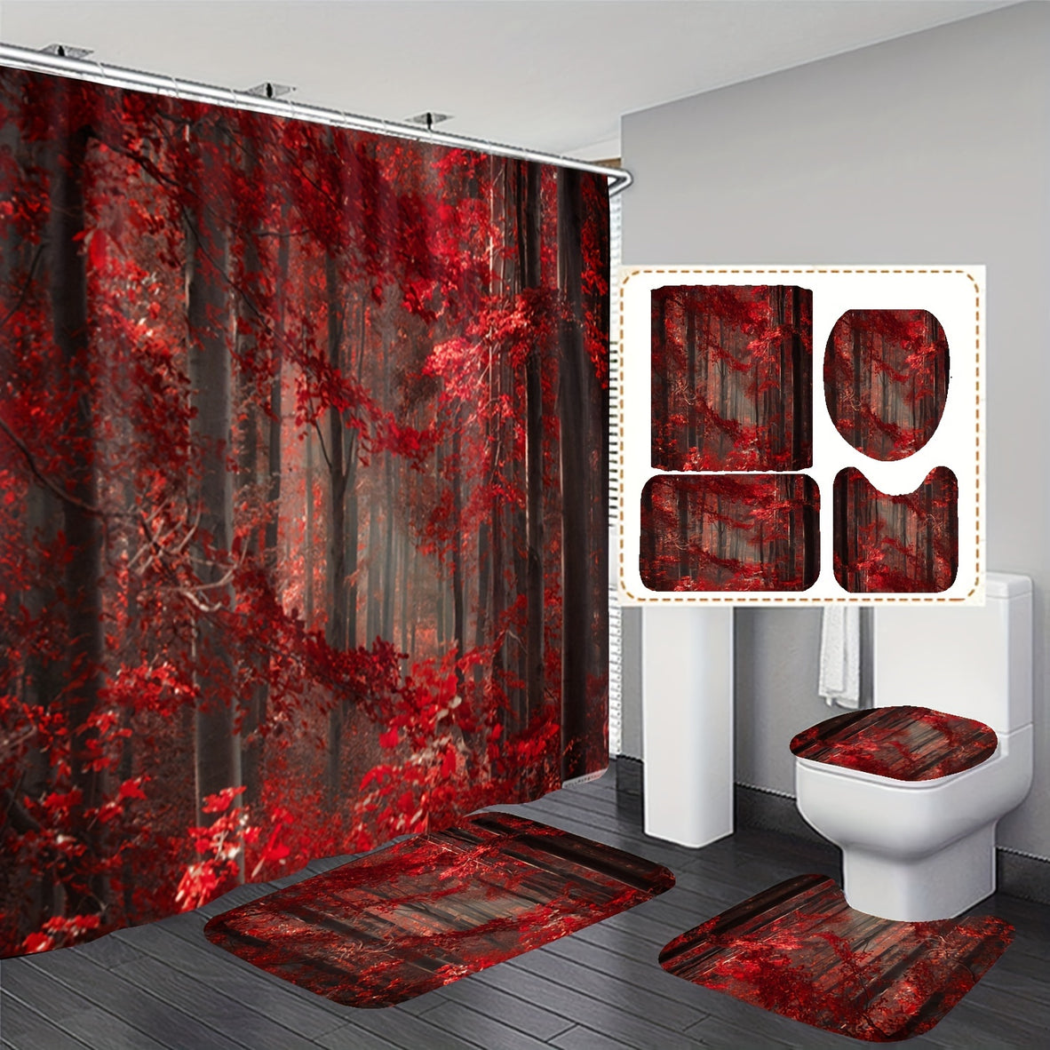 1pc Red Maple Leaf Forest Waterproof Non-Slip Bathroom Rug Set.