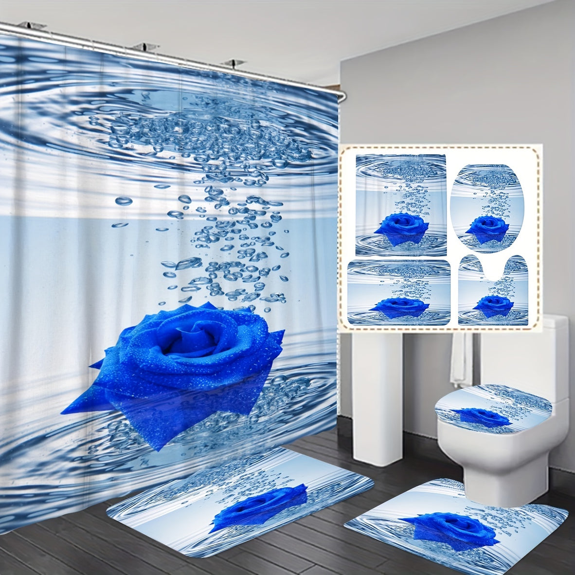 1/3/4pcs Luxurious Blue Water Rose Bathroom Decor