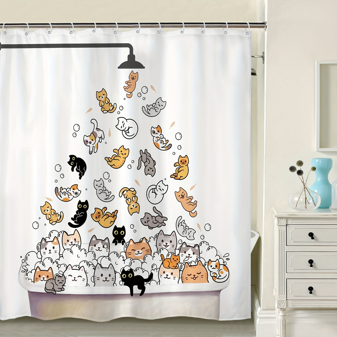 1/4pcs Cute Cat Pattern Shower Curtain Set With 12 Hooks, Waterproof Polyester Bath Curtain With Non-slip Rugs & Toilet Lid Cover, Multi-functional Bathroom Partition Curtain, Bathroom Decor, Curtain For Windows, 72*72in